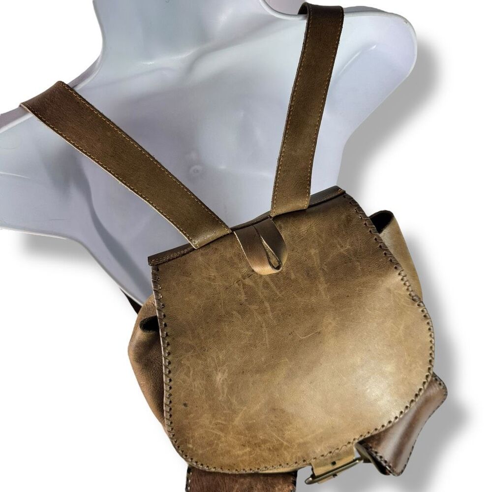 Vintage Distressed Handmade Rugged Rustic Soft Brown Tan Leather Backpack Bag - Picture 8 of 12